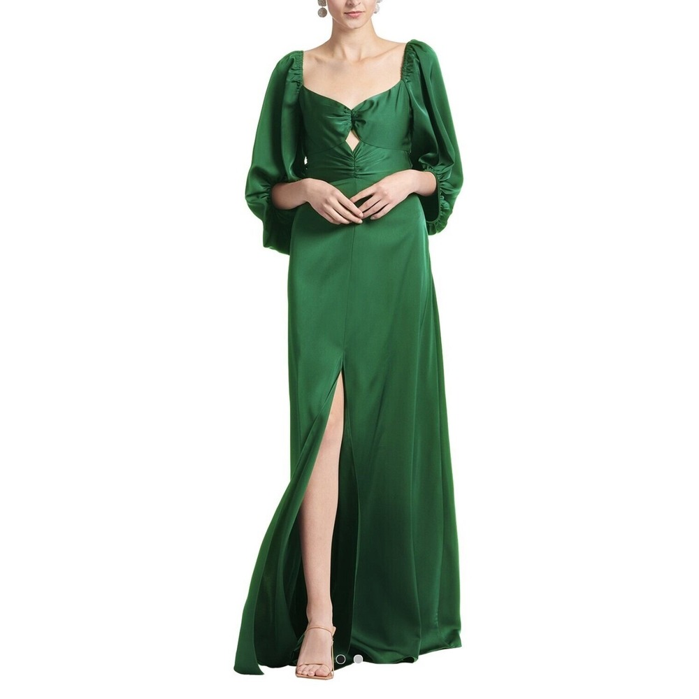 $795 NWT SACHIN & BABI‎ Angelina Gown Emerald Green Maxi Dress Slit V-Neck SZ 2